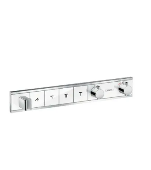 Thermostatsteuerung von Hansgrohe mit mehreren Bedienelementen für verschiedene Wasserverbraucher, in glänzendem Chrom mit klaren Symbolen zur Steuerung der Wasserzufuhr.